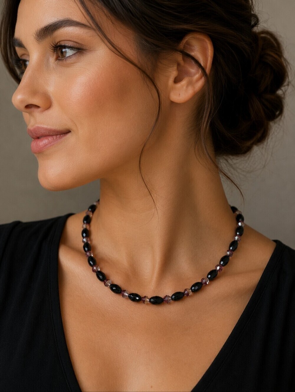 HANDMADE Black Agate Opaque Swarovski Crystal Beaded Necklace